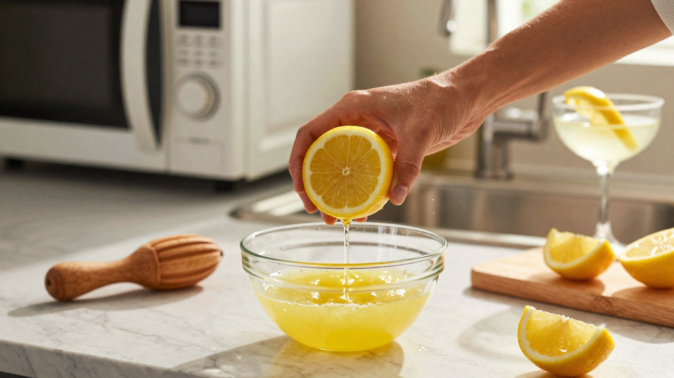 Hand presst frische Zitrone über Glasschüssel mit Zitronensaft in heller Küche.