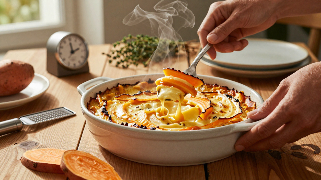 Dampfender Auflauf mit geschmolzenem Käse und Süßkartoffel, der aus einer weißen Auflaufform genommen wird.
