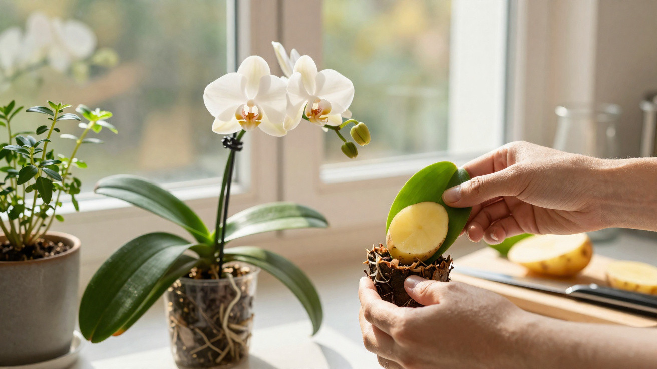 Hände setzen Pflanzenscheibe in eine Kokosnuss-Schale neben blühender Orchidee auf der Fensterbank.