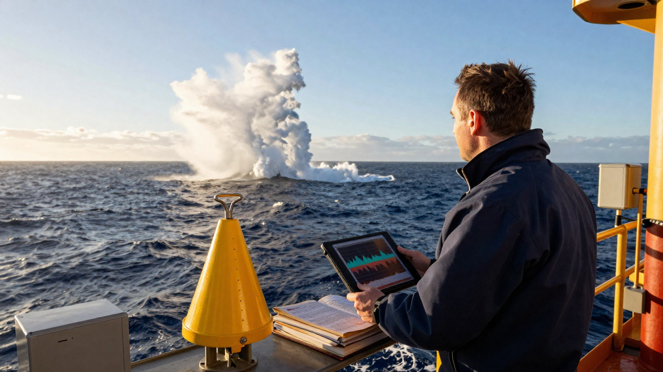 Mann auf Schiff beobachtet dampfendes Vulkanausbruch im Ozean mit Tablet und Messgeräten.