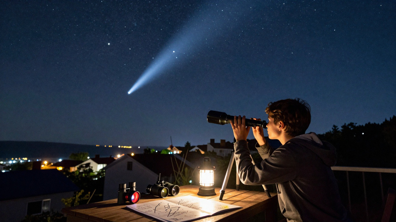 Junge betrachtet mit Teleskop am Abendhimmel einen hellen Kometen, verstreut über Sternenhimmel über Häusern.