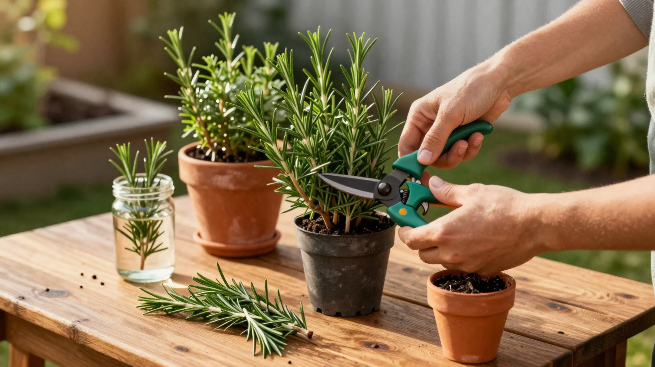 Person schneidet Rosmarin mit Gartenschere, mehrere Kräuterpflanzen stehen auf Holztisch im Garten.
