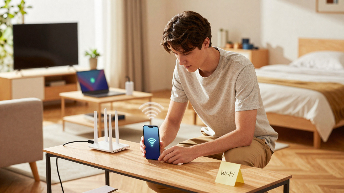 Junger Mann richtet WLAN-Router ein, Smartphone mit WLAN-Symbol zeigt Verbindung im Wohnzimmer.