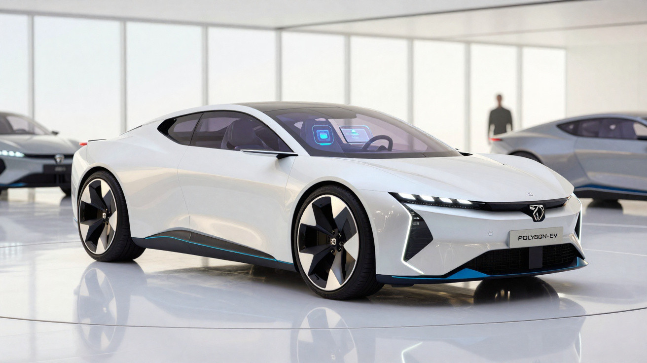 Weißer Polygon-EV Elektro-Sportwagen in modernem Ausstellungsraum mit futurivem Design.