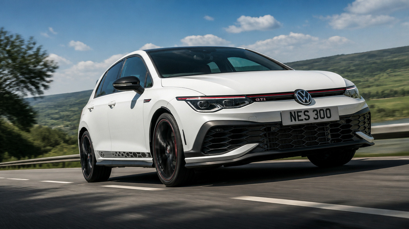 Weißer Volkswagen Golf GTI fährt auf Landstraße mit Hügeln und blauem Himmel im Hintergrund.
