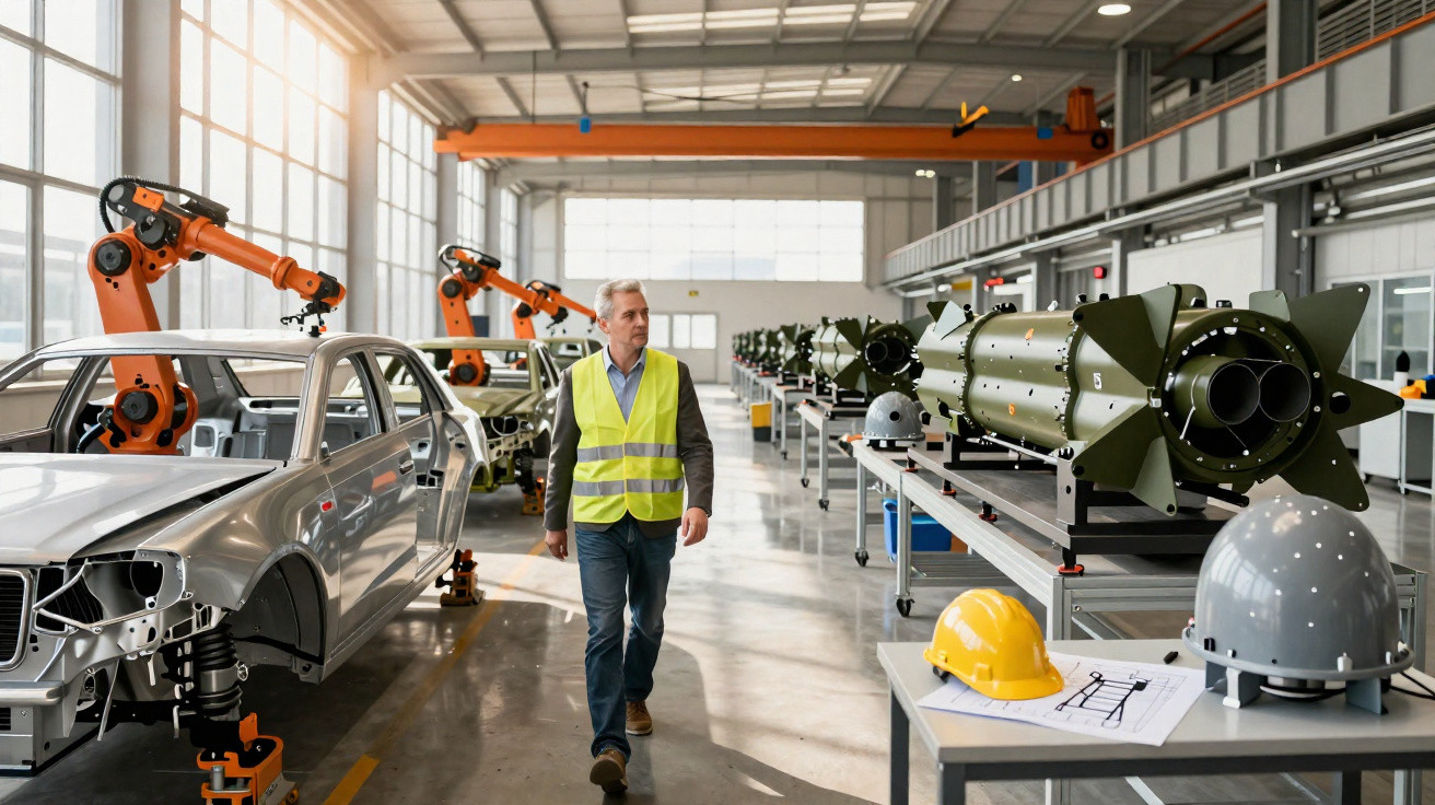 Mann mit Warnweste geht in Fabrikhalle vorbei an halbfertigen Autos und militärischer Ausrüstung auf Tischen.
