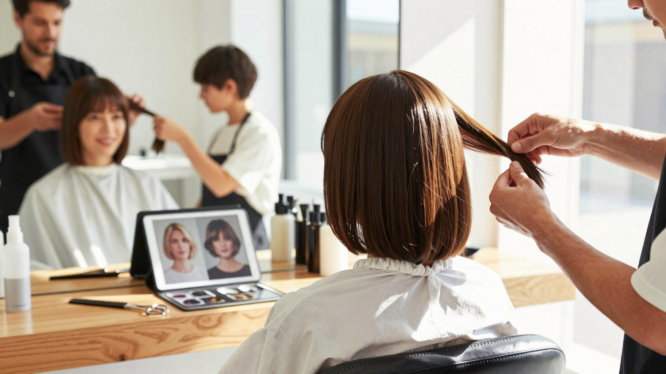 Frau im Friseursalon sitzt auf Stuhl, Friseur kontrolliert ihre Haare, Tablet zeigt Frisuren zur Auswahl.