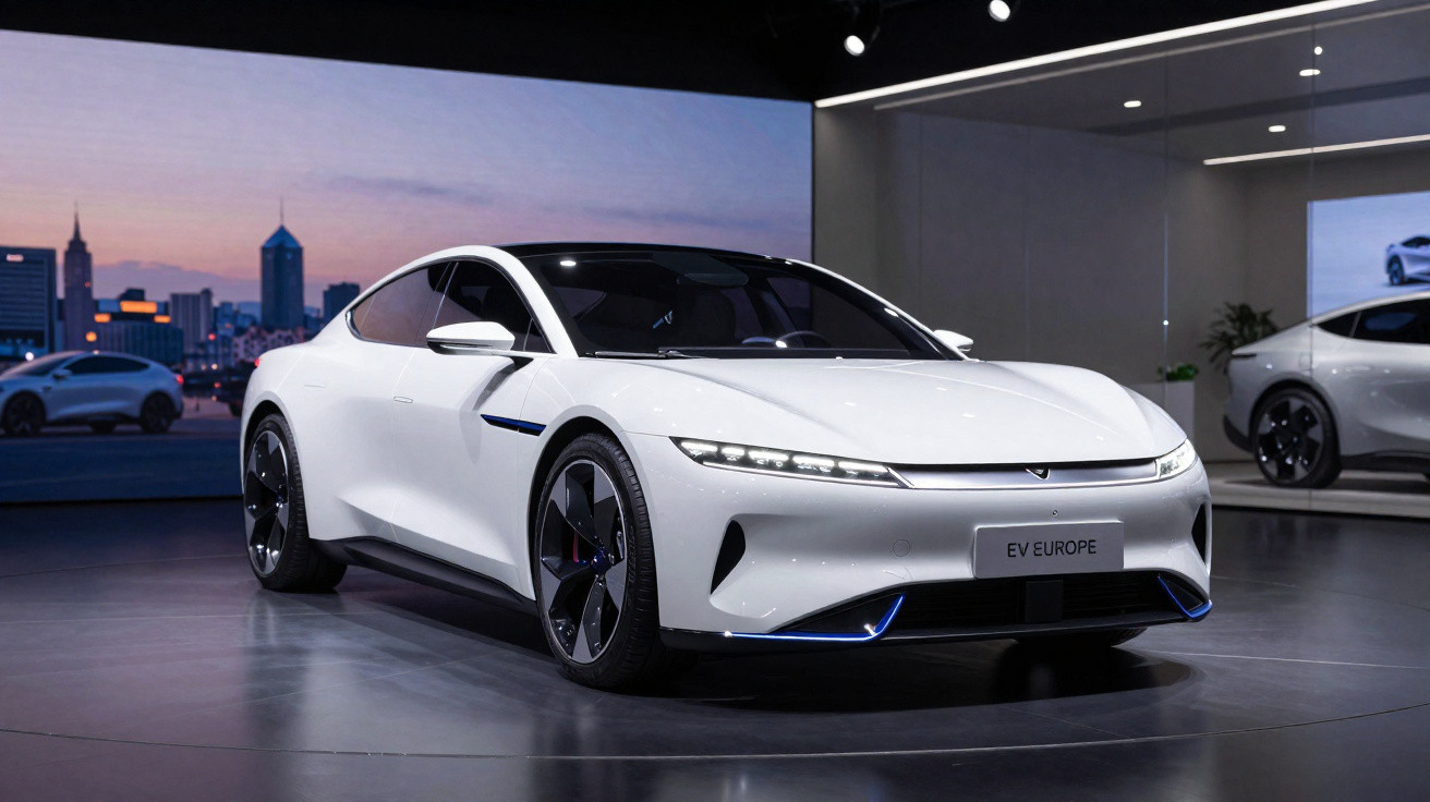 Weißes Elektroauto mit futuristischem Design im Ausstellungsraum vor Stadtpanorama bei Dämmerung.
