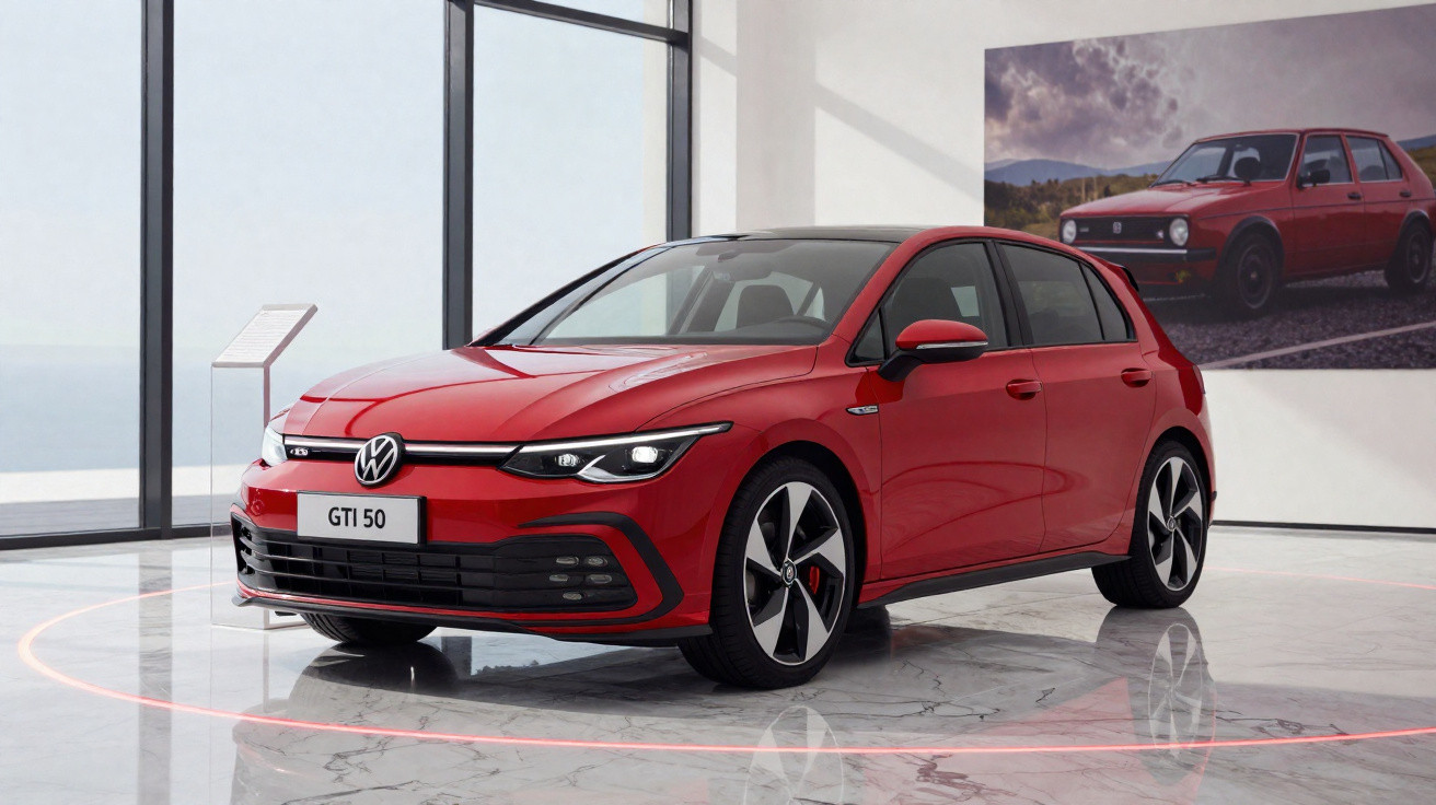 Roter Volkswagen Golf GTI 50 in moderner Ausstellung, im Hintergrund Poster eines klassischen Golf GTI.