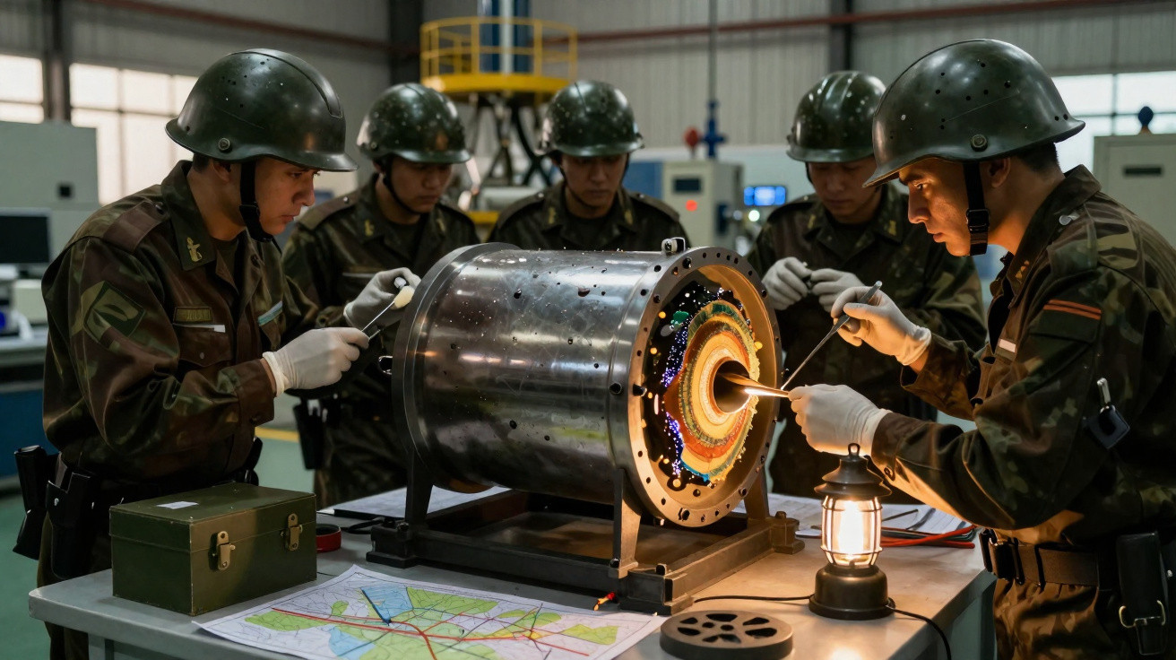 Soldaten in Tarnuniformen und Helmen prüfen eine komplexe technische Maschine in einer Werkstatt.