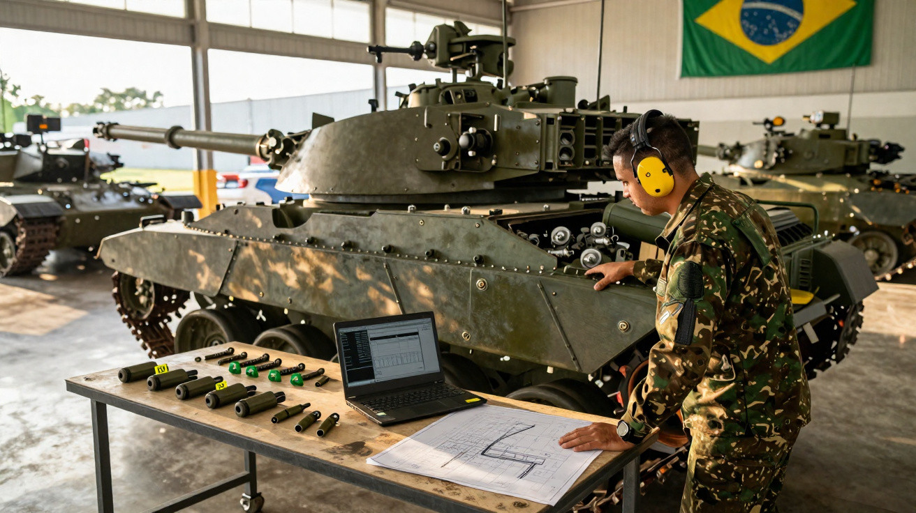 Soldat mit Gehörschutz überprüft Panzer in Werkstatt, Laptop und technische Pläne auf Tisch, brasilianische Flagge im Hinterg