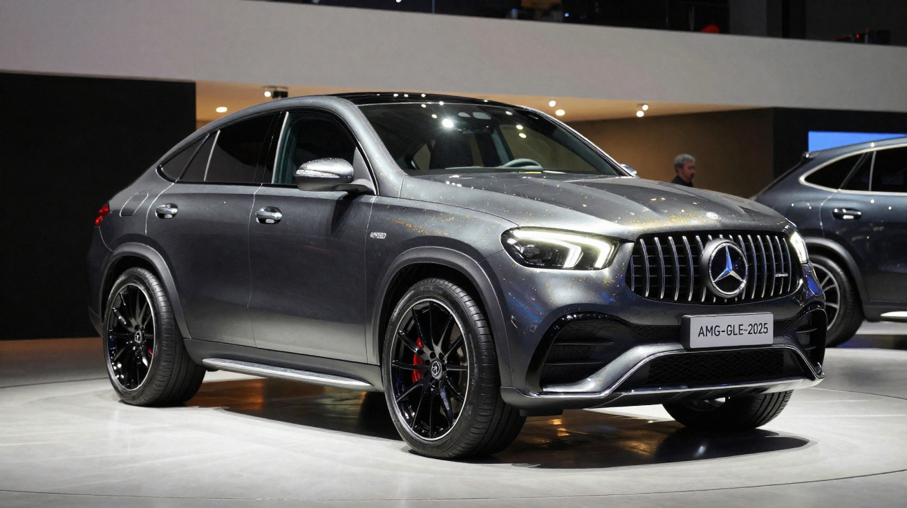 Silberner Mercedes-AMG GLE 2025 SUV mit schwarzen Felgen und leuchtenden LED-Scheinwerfern auf Präsentation.