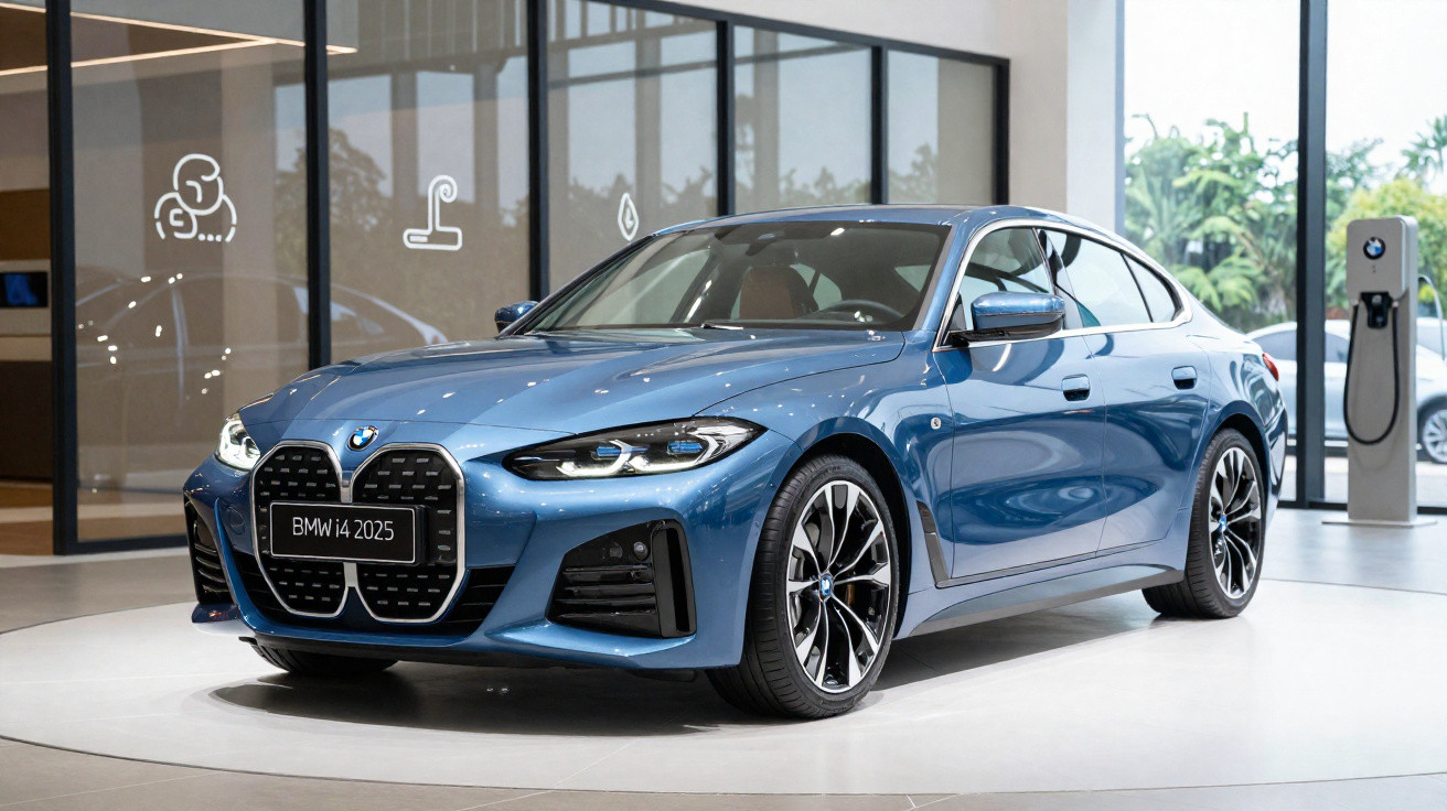 Blauer BMW i4 2025 elektrisches Limousinenmodell im Showroom mit Ladestation im Hintergrund