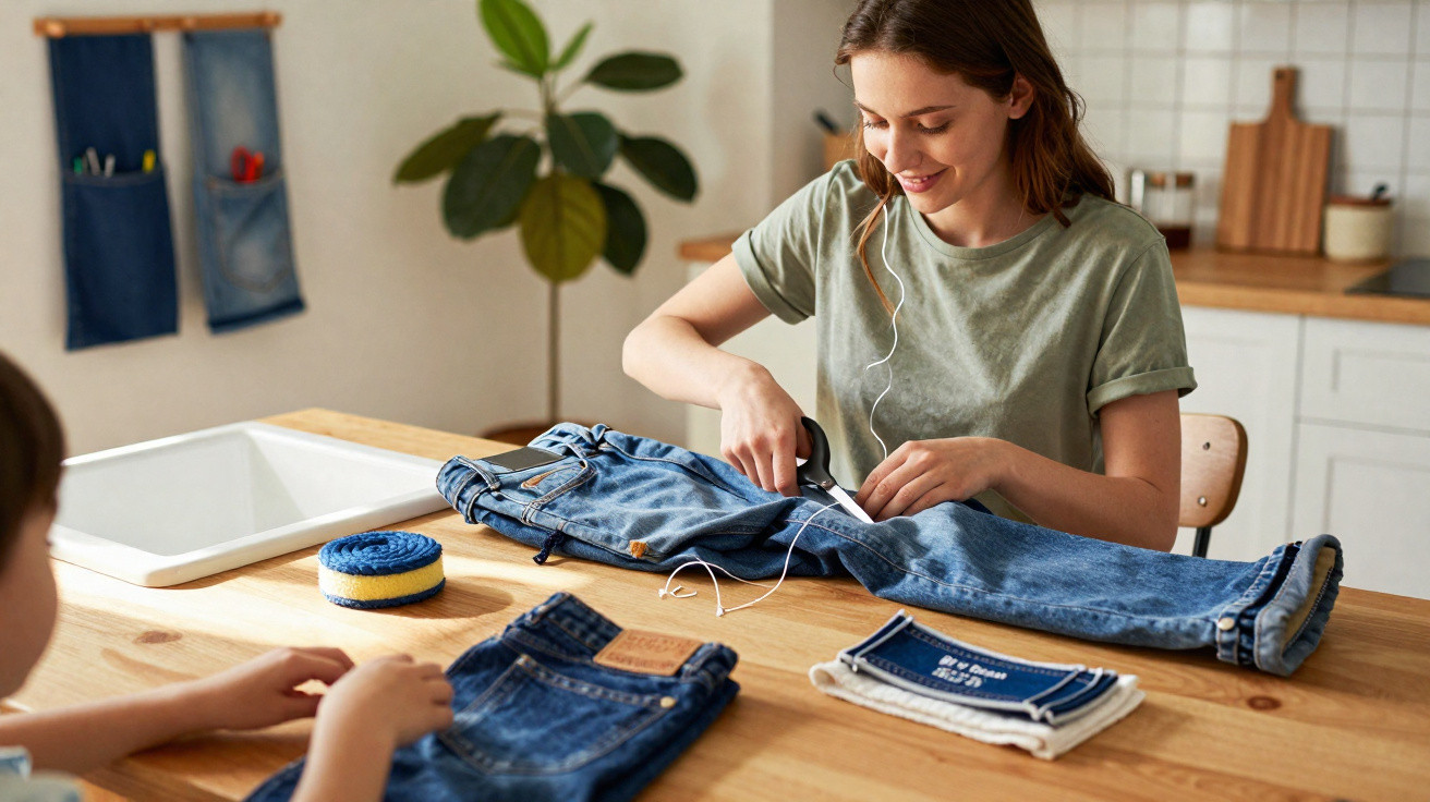 Junge Frau repariert Jeans mit Nadel und Faden an einem Holztisch, Kind sitzt ihr gegenüber.