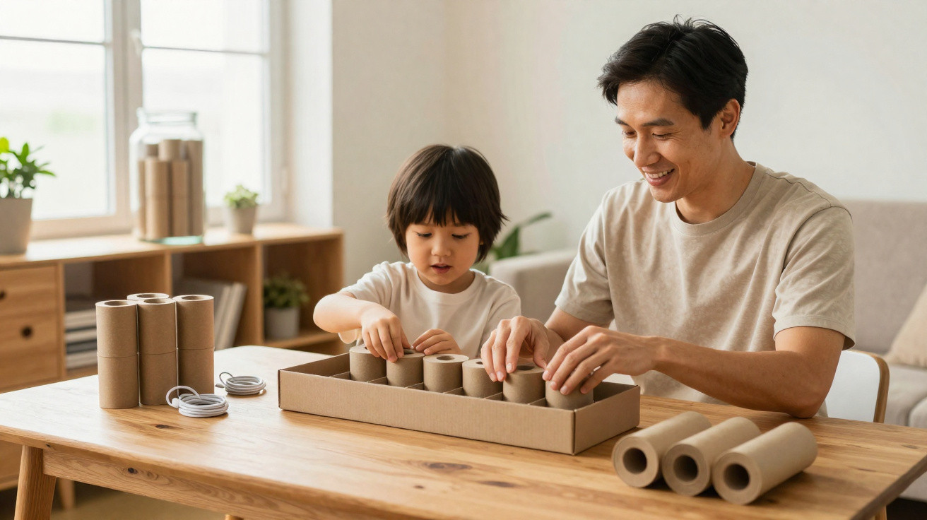 Vater und Sohn bauen gemeinsam mit Papprollen ein kreatives Bastelprojekt am Holztisch.