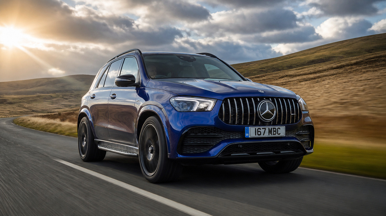 Blauer Mercedes SUV auf Landstraße bei Sonnenuntergang mit Hügeln und bewölktem Himmel im Hintergrund.