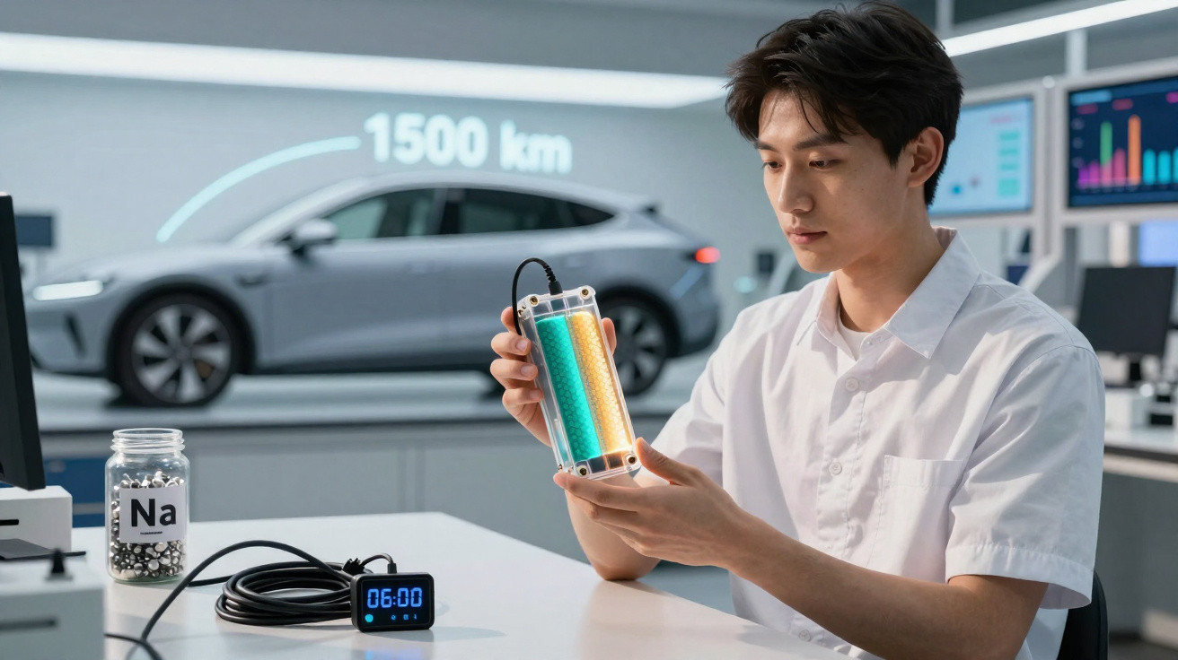 Forscher untersucht Batterie für Elektroauto mit Reichweite von 1500 km im Labor.