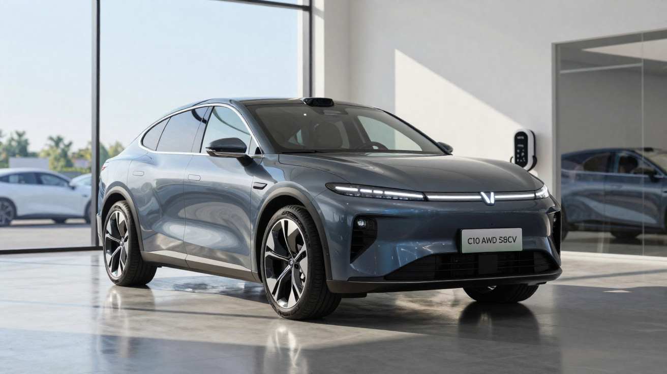 Graues Elektroauto VinFast C10 AWD S8CV in modernem Showroom, frontal seitlich fotografiert.