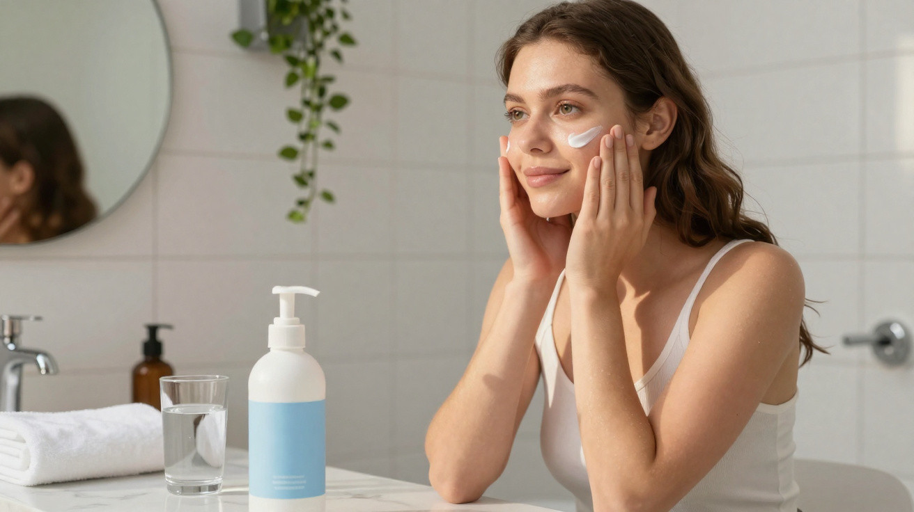 Frau trägt Gesichtscreme im Badezimmer auf, Flasche, Handtuch und Glas Wasser auf Tisch sichtbar.