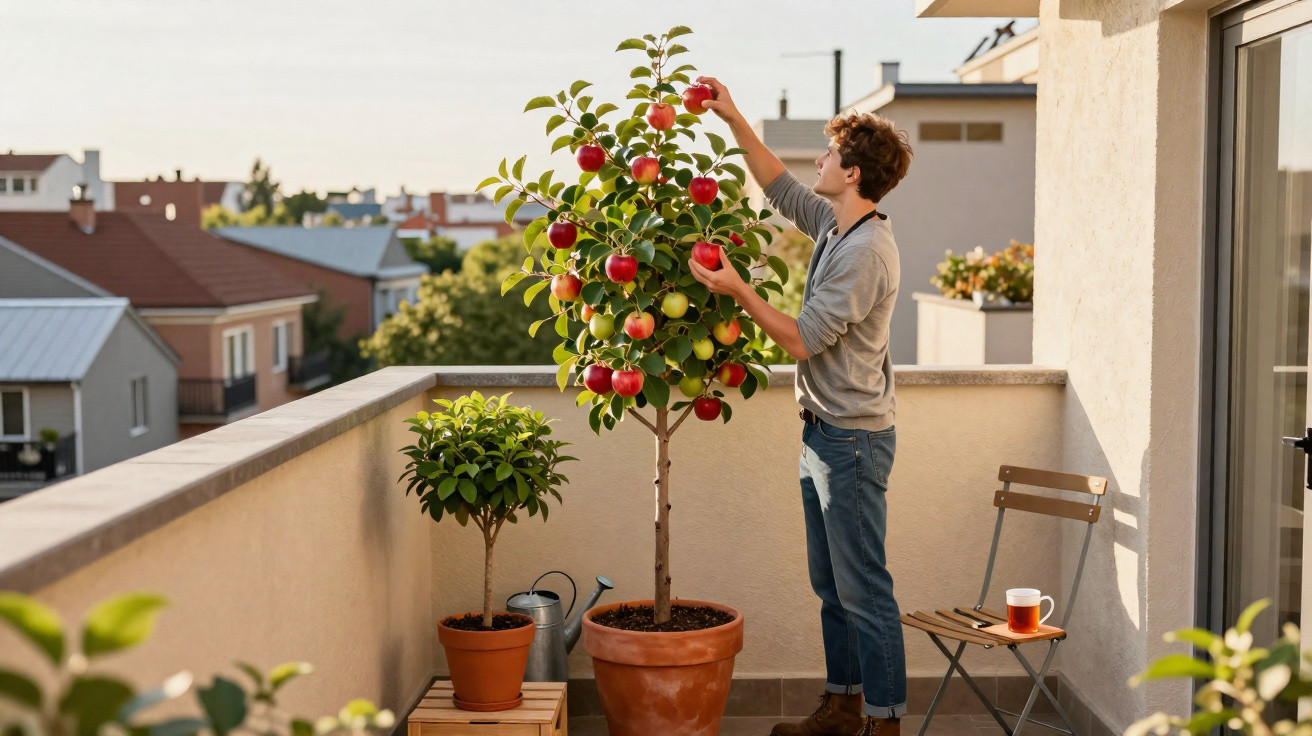 Mann erntet Äpfel von einem Baum auf einem Balkon mit weiteren Pflanzen und Tasse auf Stuhl.