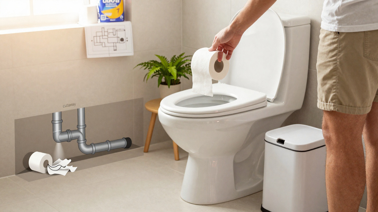 Mann hält Toilettenpapier über WC, Illustration zeigt versteckte Rohre und verstopfte Toilette im Badezimmer.