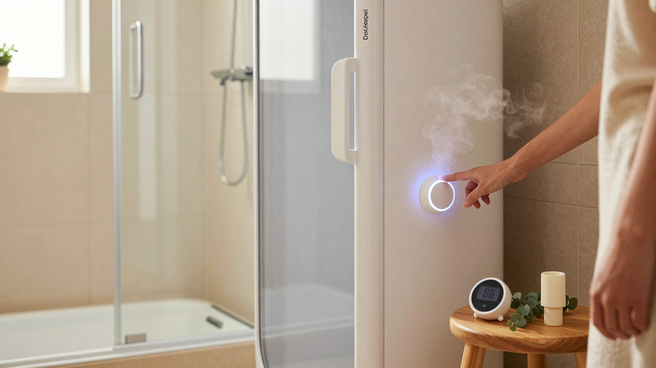 Person bedient Dampfgenerator mit beleuchtetem Drehregler im Badezimmer neben Dusche und Holzhocker.