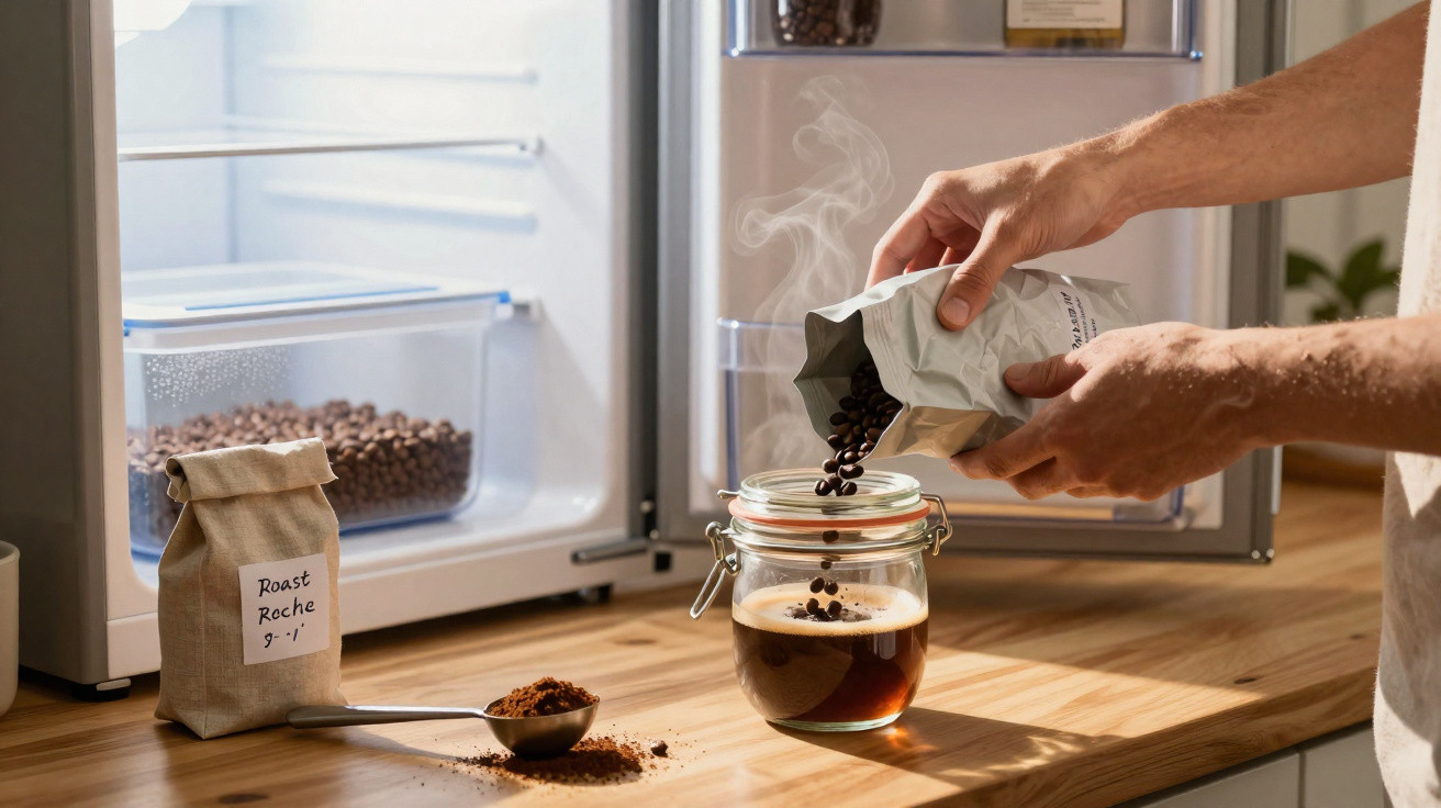 Person, die Kaffeebohnen aus einer Tüte in ein Glas mit dampfendem Kaffee in der Küche gießt.