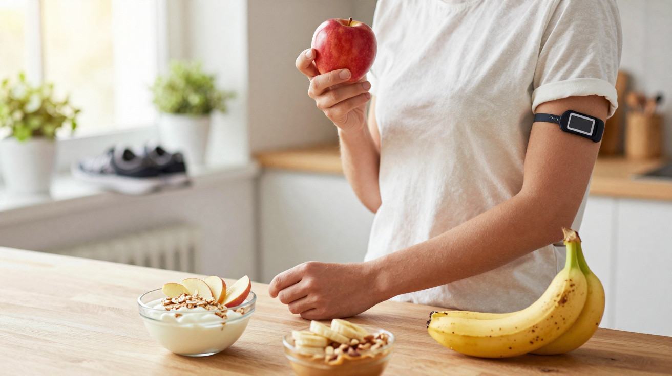 Person hält einen Apfel, auf dem Tisch liegen Bananen, eine Schale Joghurt mit Apfelscheiben und eine Schale Nüsse.