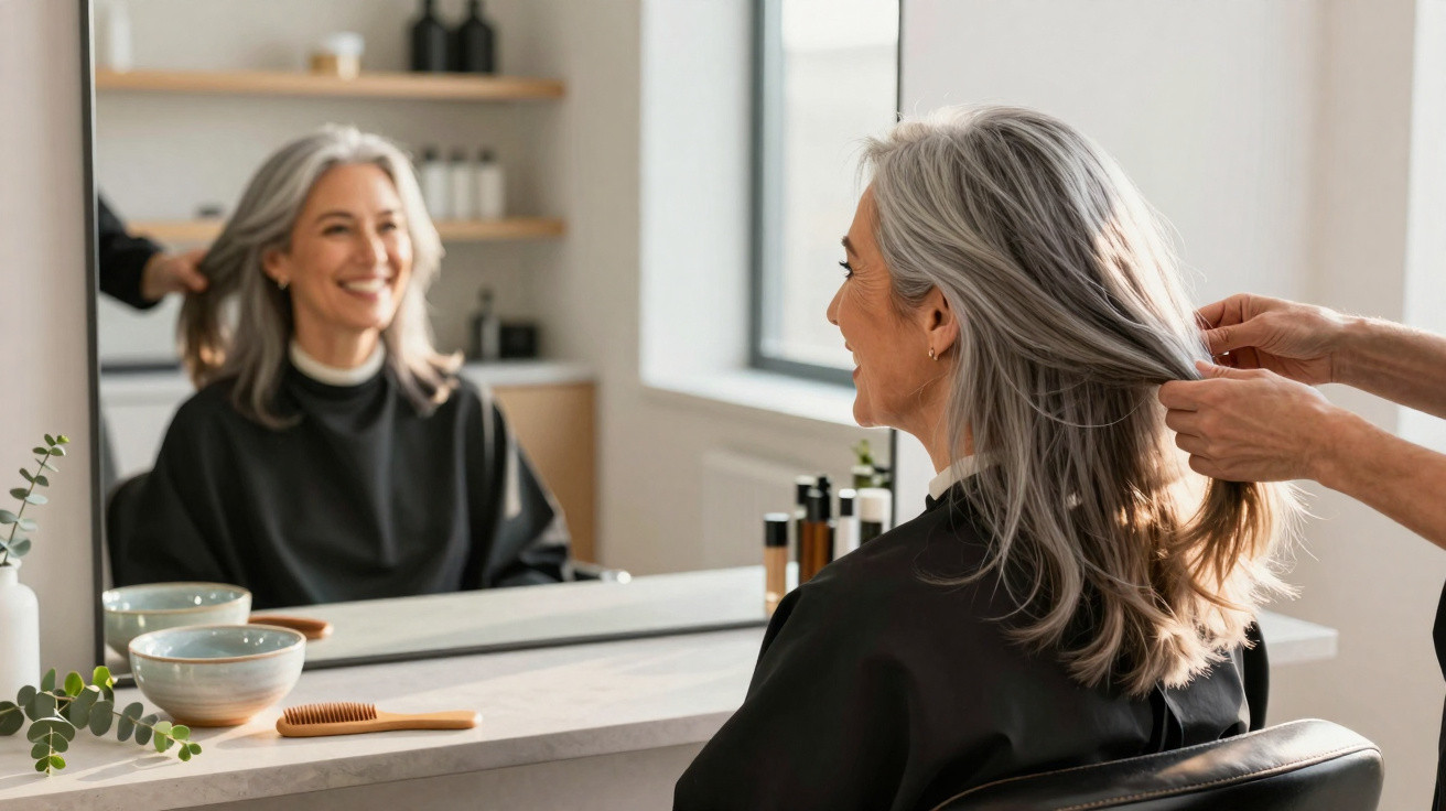 Ältere Frau mit grauen Haaren sitzt fröhlich im Friseursalon vor Spiegel, während Haare gestylt werden.