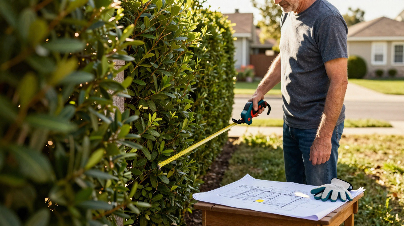 Mann misst mit einem Maßband eine Hecke im Garten neben einem Tisch mit Bauplan und Handschuhen.