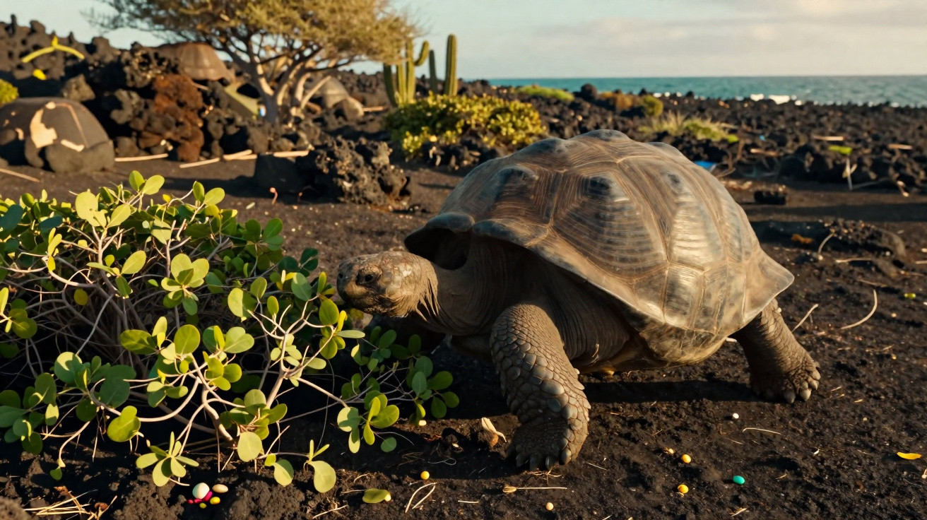 Eine große Schildkröte läuft über schwarzen Lavaboden nahe einem kleinen grünen Busch am Meer.