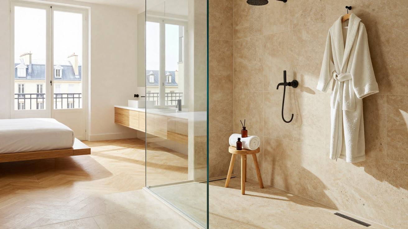 Modernes Badezimmer mit Glasdusche, weißem Bademantel und Holzhocker, angrenzend an ein helles Schlafzimmer.