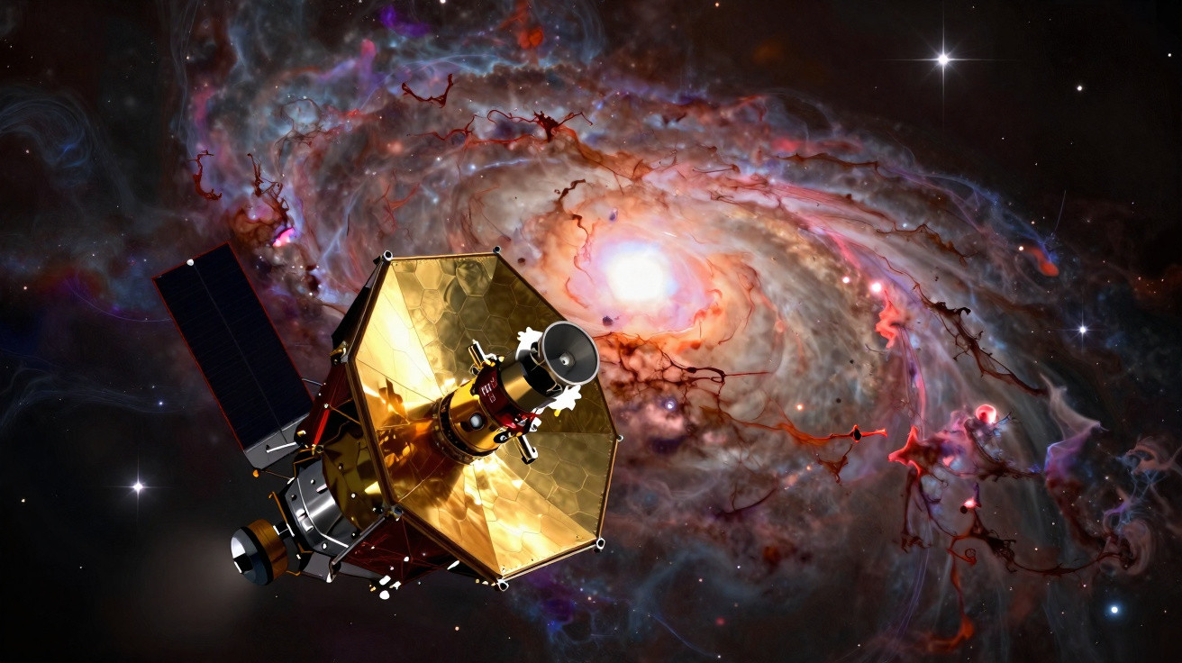 Satellit mit goldener Antenne vor bunter, wirbelnder Galaxie im Weltraum.