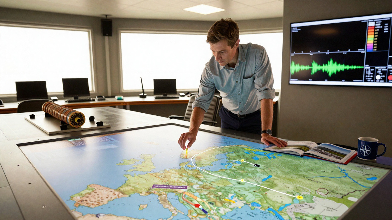 Mann untersucht interaktive Europakarte in einem modernen Raum mit Monitor und Computern.