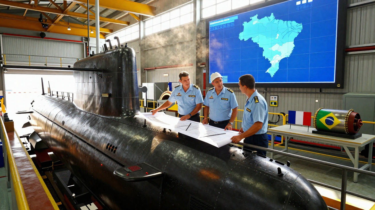Drei Marineoffiziere in blauen Uniformen besprechen Pläne an einem U-Boot im Hafen, Monitor zeigt Brasilienkarte.