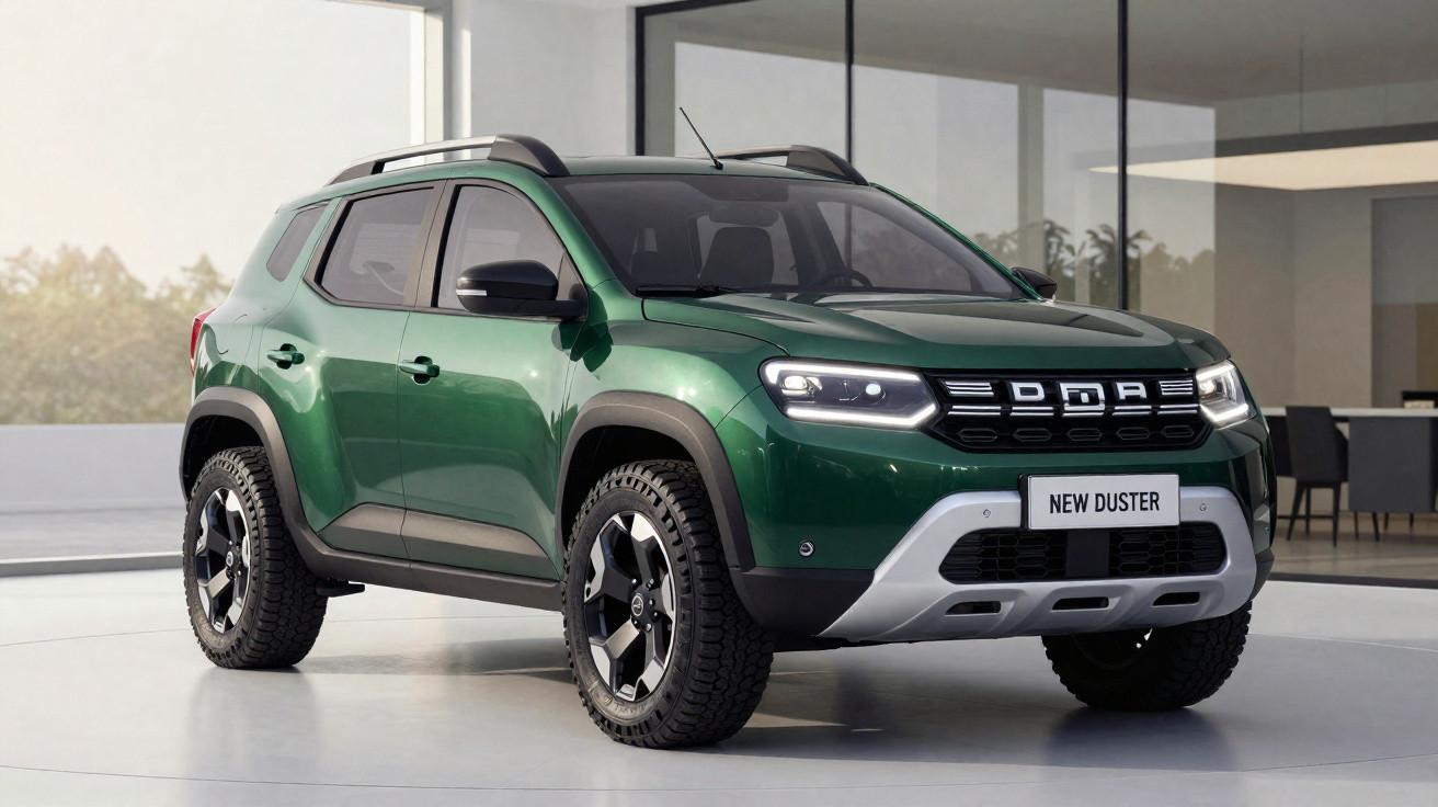 Grüner Dacia New Duster SUV in moderner, heller Ausstellung mit großen Fenstern und minimalistischem Interieur.