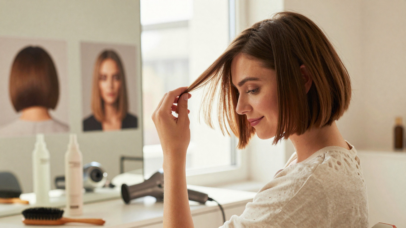 Frau mit kurzem braunem Bob schaut lächelnd auf ihr Haar vor einem Spiegel im hellen Friseursalon.