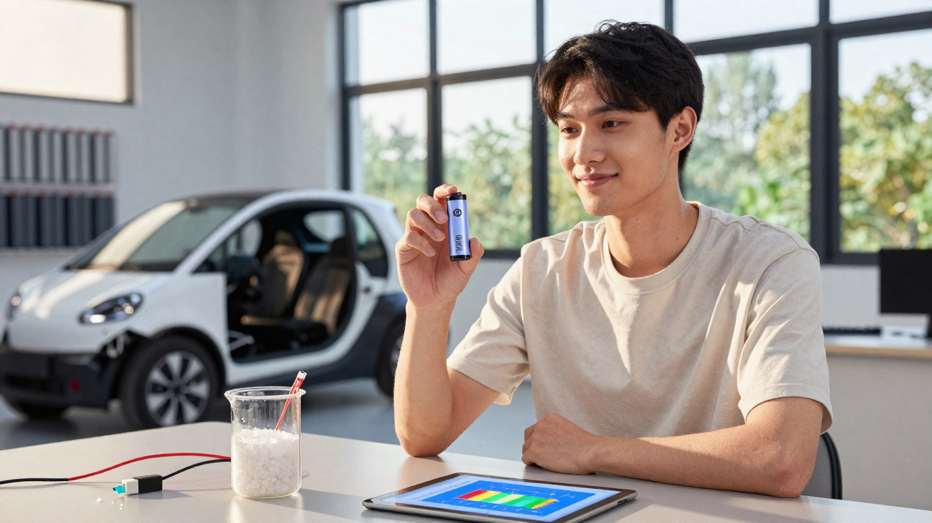 Junger Mann hält Batterie in modernem Labor mit Elektroauto und Tablet auf dem Tisch.