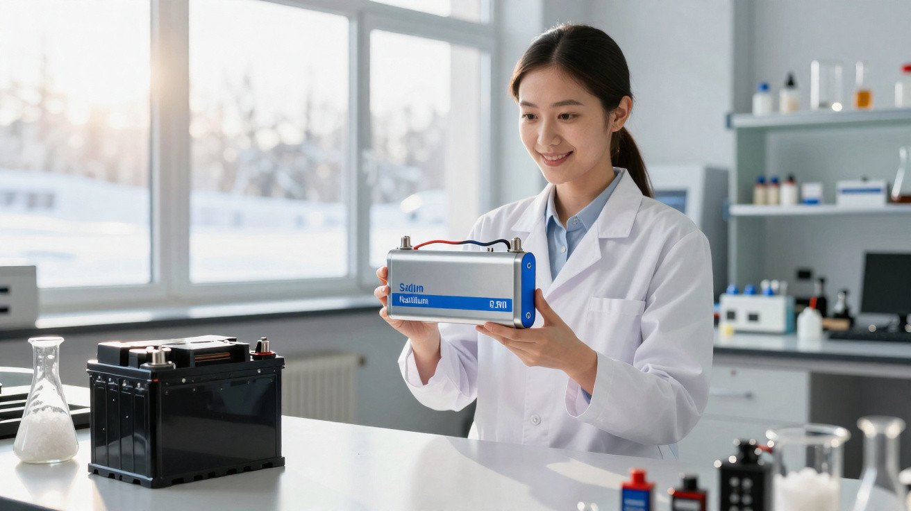 Junge Wissenschaftlerin im Labor hält ein modernes Batteriemodell vor Fenstern mit Tageslicht.