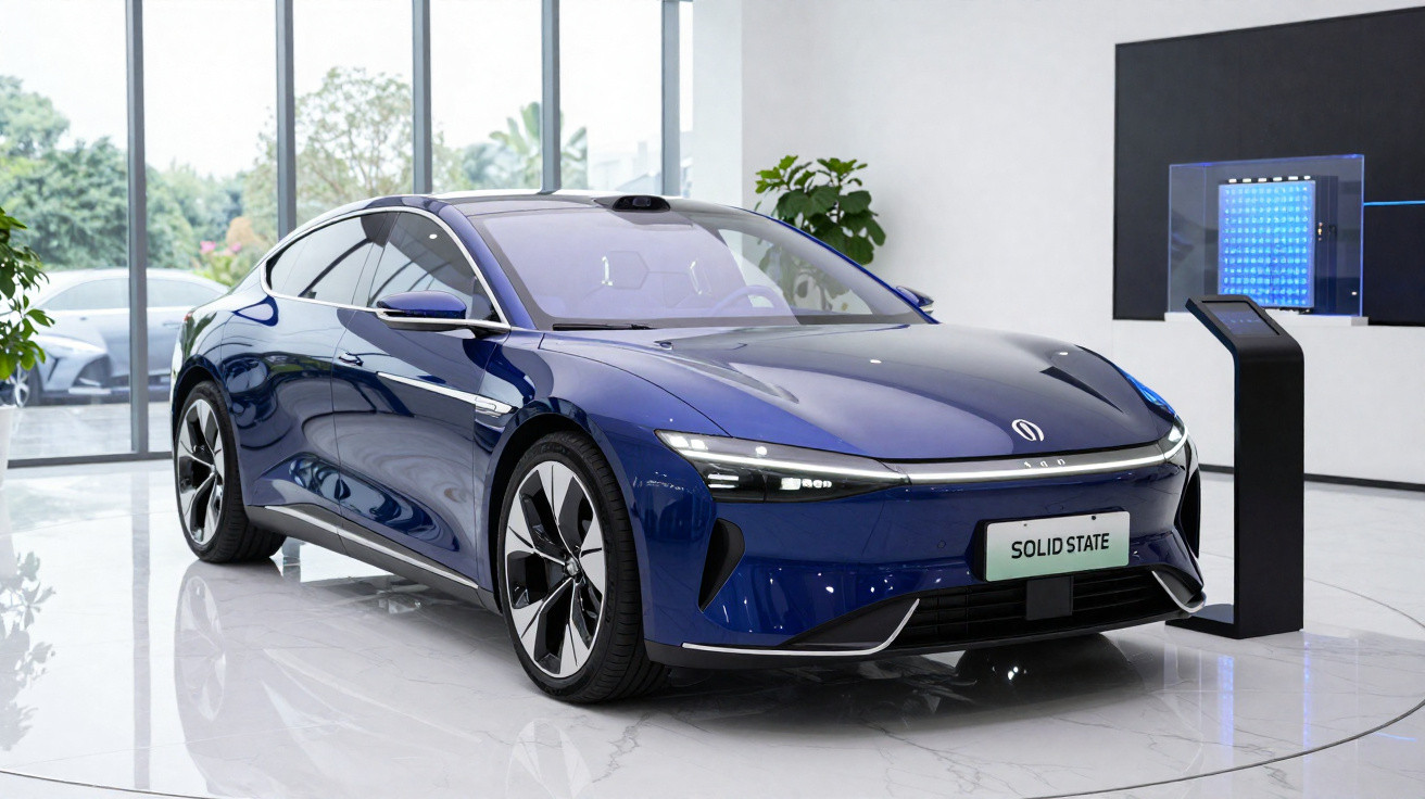 Blaues, futuristisch gestaltetes Elektroauto im Showroom mit glänzendem Boden und großem Fenster im Hintergrund.