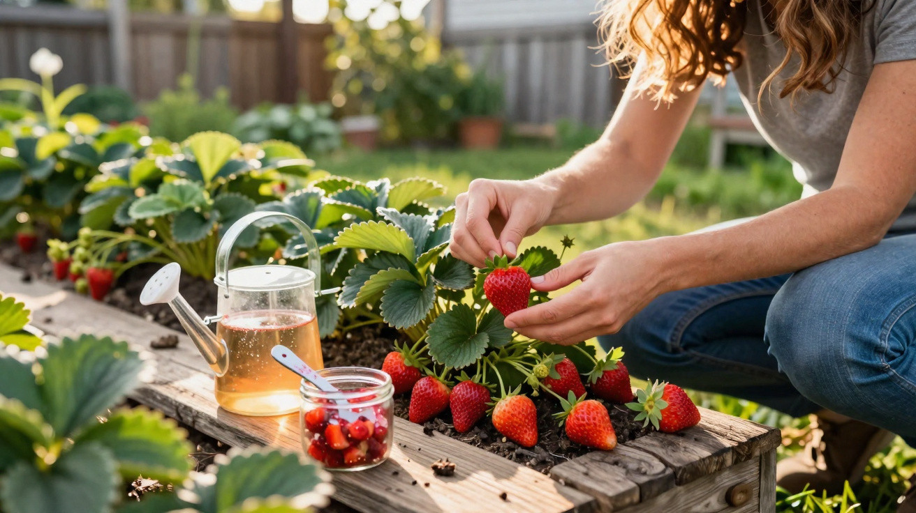 Frau erntet reife Erdbeeren im Garten, daneben Gießkanne und Glas mit Erdbeeren auf Holzbrett.