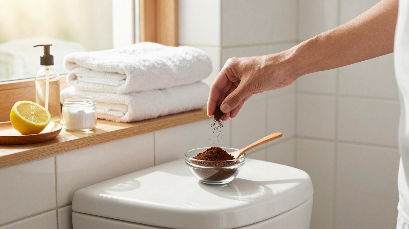Hand streut Kaffeepulver in kleines Glas auf WC-Spülkasten, Handtücher und Zitronenhälfte im Hintergrund.