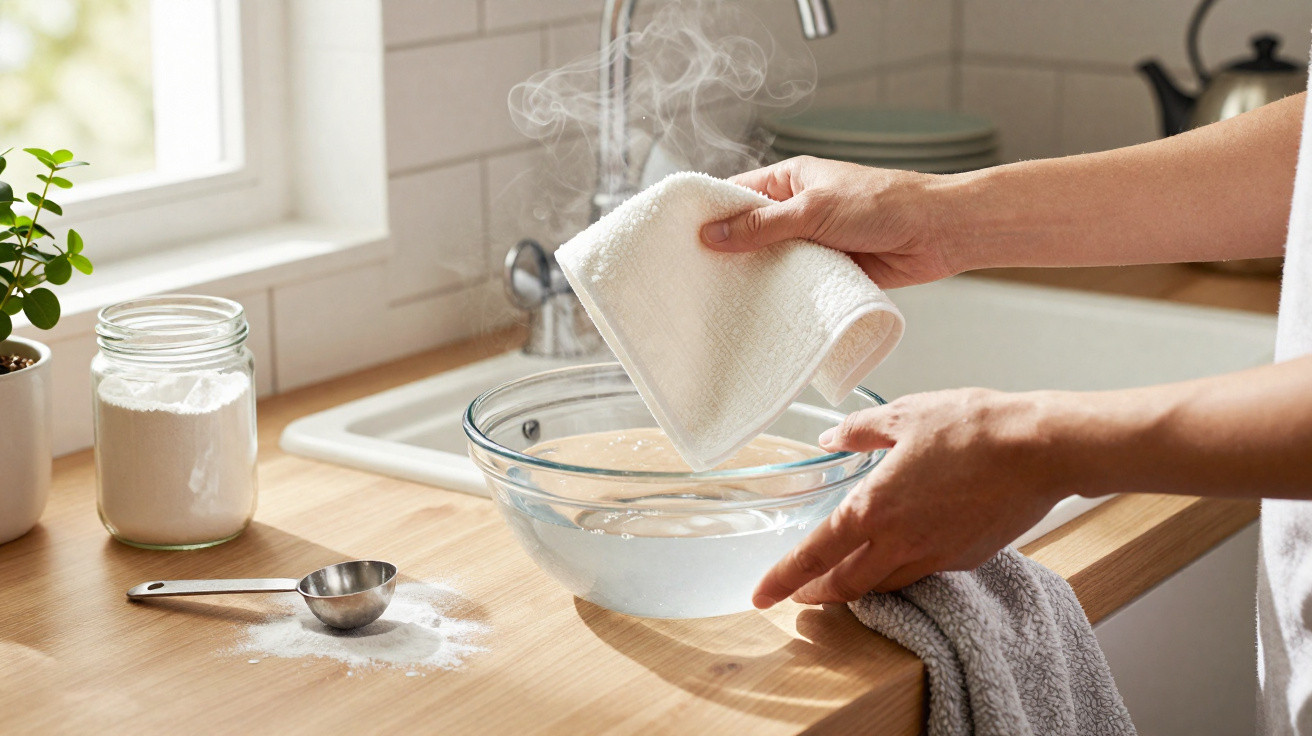Dampfendes Handtuch wird über Schüssel mit Wasser in heller, sauberer Küche ausgewrungen.