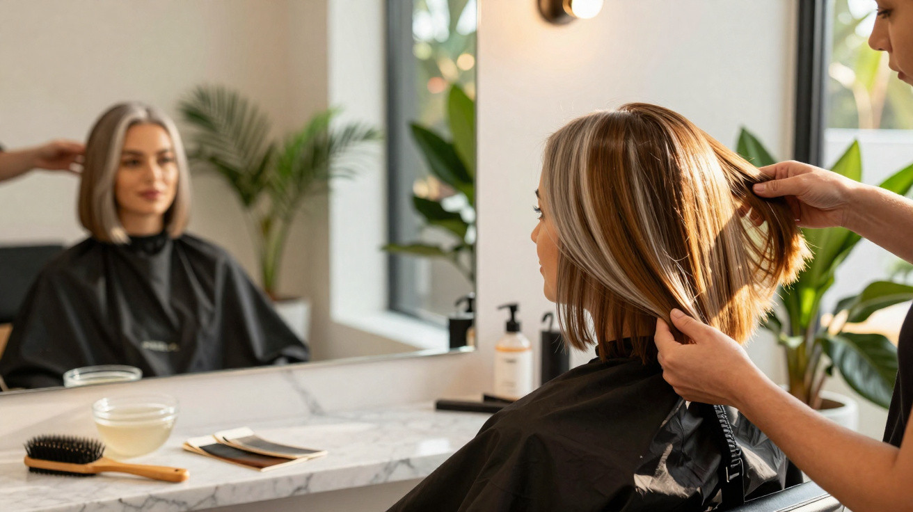 Frau mit kurzem blonden Haar bekommt im Friseursalon eine professionelle Frisur, vor Spiegel sitzend.