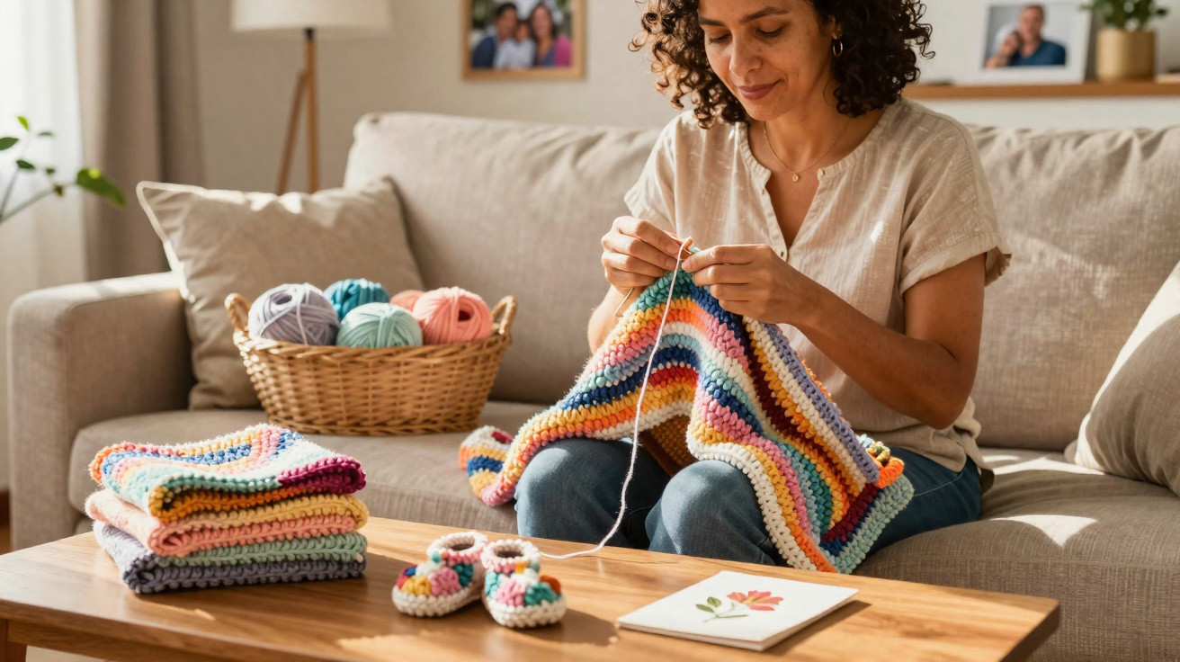 Frau häkelt bunte Decke auf Sofa, gestrickte Babyschuhe und Wolle im Korb auf dem Tisch.