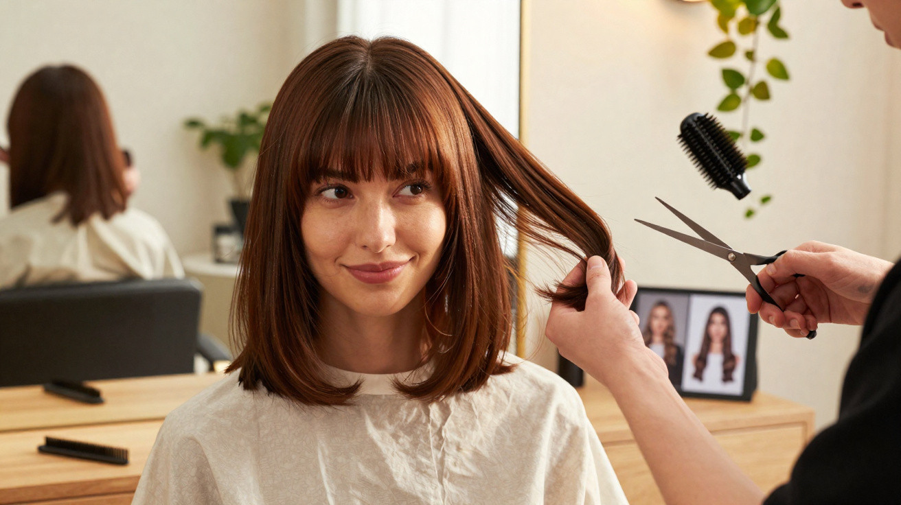 Frau mit braunen Haaren bekommt im Friseursalon einen Haarschnitt, Friseur hält Schere und Bürste.