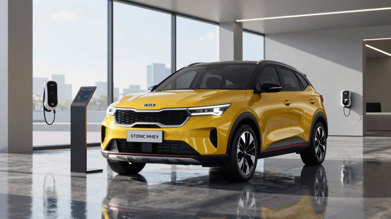 Gelber Kia Stonic MHEV Elektro-SUV steht in modernem Raum mit Ladestationen an der Wand.