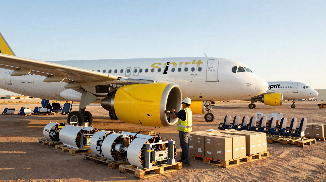 Techniker überprüft Triebwerk einer Spirit Airlines Maschine auf sandigem Flugfeld bei Sonnenaufgang.