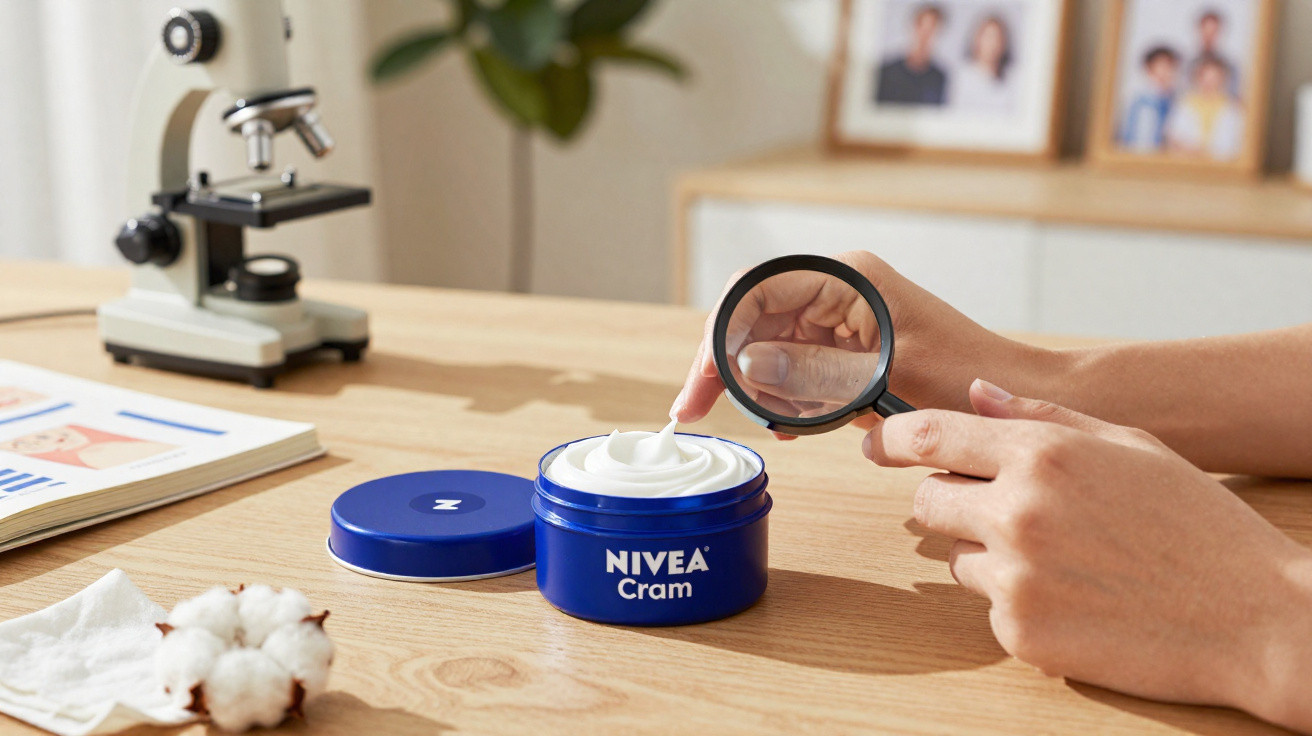 Person hält Lupe über eine offene Dose NIVEA Creme auf einem Holztisch mit Mikroskop im Hintergrund.