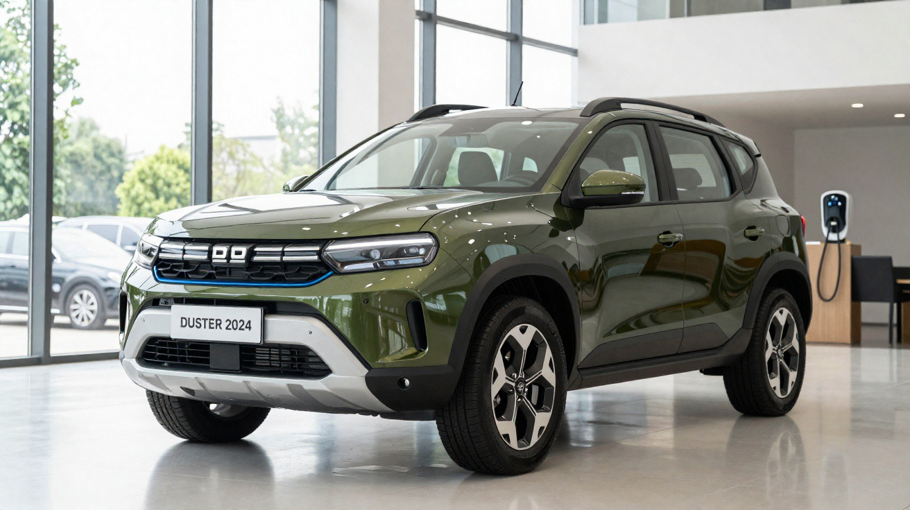 Grüner Dacia Duster 2024 SUV im Showroom stehend, moderne Architektur mit großen Glasfenstern im Hintergrund.